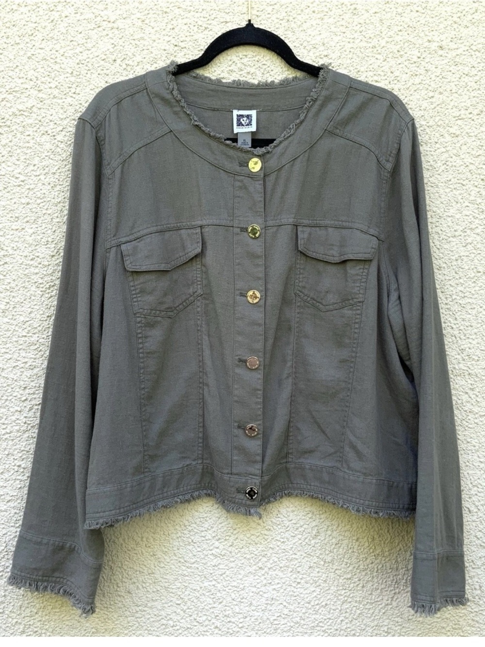 Anne Klein Olive Utility Jacket Size XL Linen Blend Frayed Raw Trim